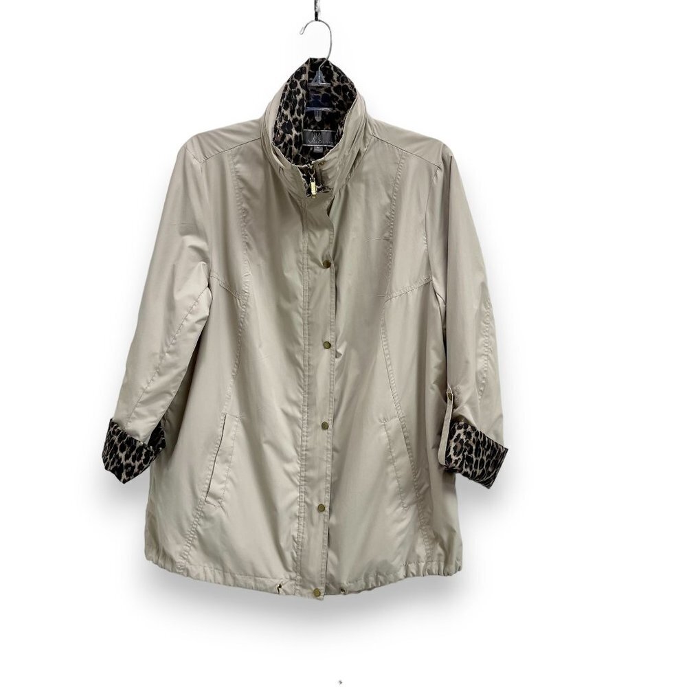 JM Collection Women Windbreaker Rain Jacket Hooded Drawstring Cheetah Print